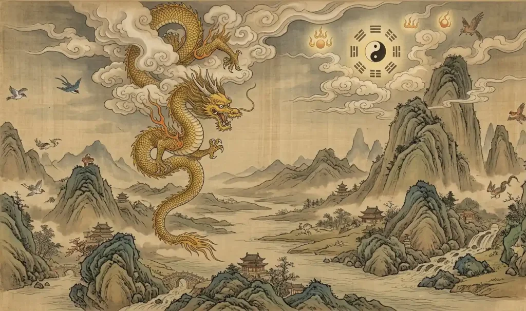 Mythological depiction of the Yellow Dragon descending from the sky in ancient China