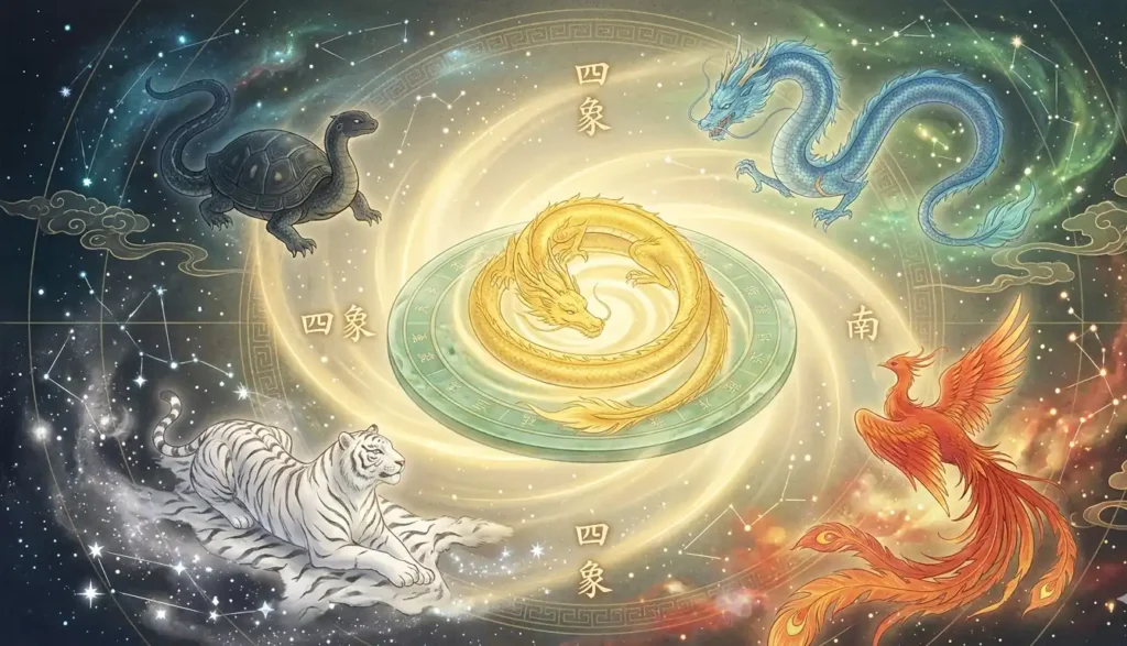 The Yellow Dragon surrounded by the Four Symbols in a balanced cosmic arrangement