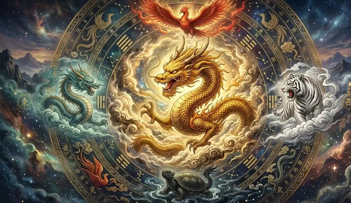 Illustration of the Yellow Dragon standing at the center of the Four Symbols in ancient Chinese cosmology