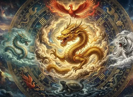 Illustration of the Yellow Dragon standing at the center of the Four Symbols in ancient Chinese cosmology