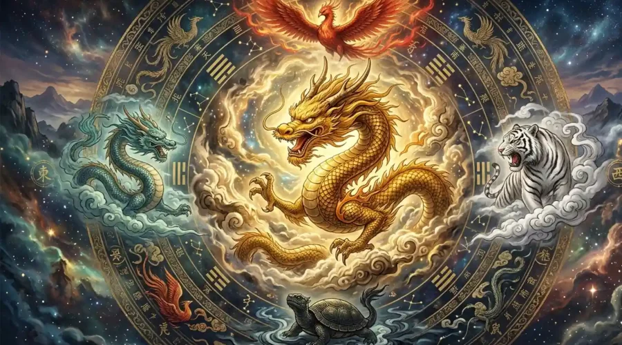 Illustration of the Yellow Dragon standing at the center of the Four Symbols in ancient Chinese cosmology