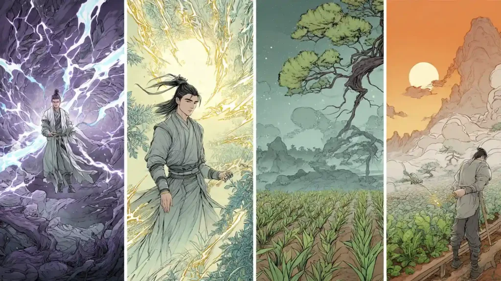 Four panel cultivation series tribute showing yin yang in ISSTH ARMJTOI LOTM and Beware of Chicken