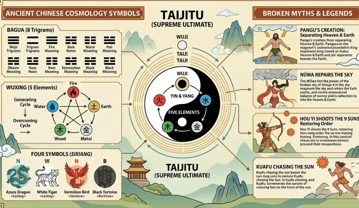 Misconceptions about yin yang - Yin Yang symbol surrounded by common misconceptions and explanations.