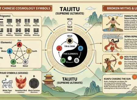 Misconceptions about yin yang - Yin Yang symbol surrounded by common misconceptions and explanations.