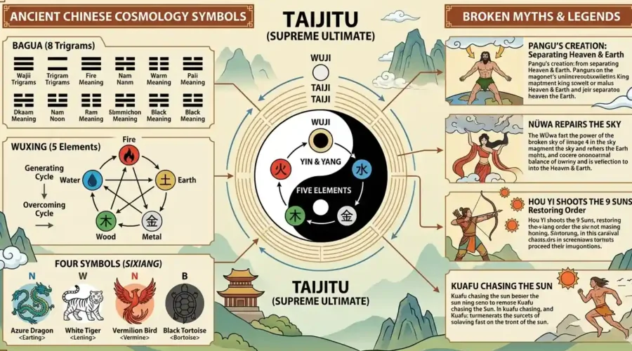 Misconceptions about yin yang - Yin Yang symbol surrounded by common misconceptions and explanations.