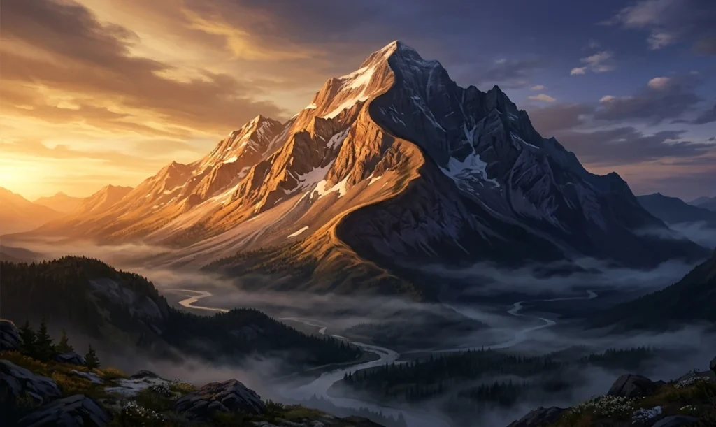 Single mountain at golden hour with sunlit yang face and shadowed yin face divided by a flowing S-curve of light and shadow