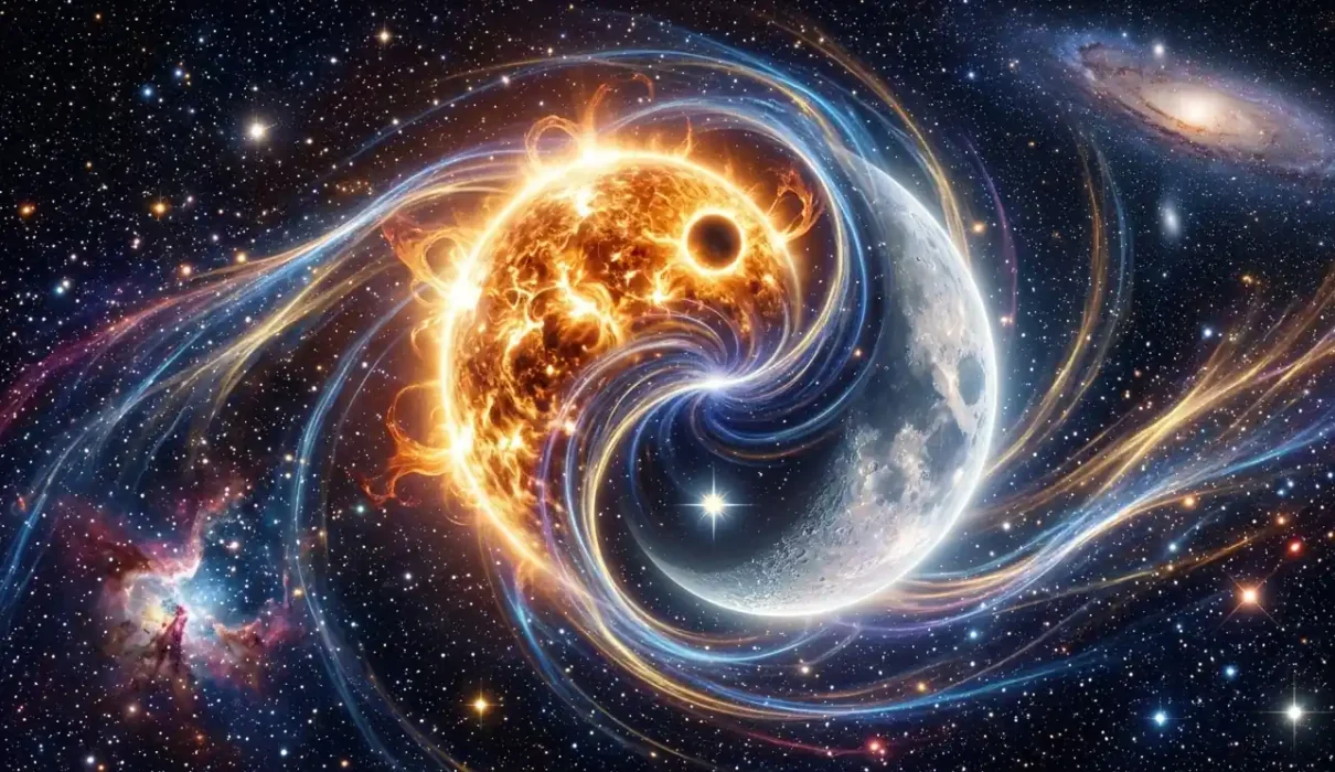 Yin Yang Sun & Moon - forming the yin yang symbol in space with flowing cosmic energy and stars.