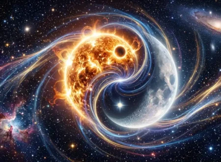 Yin Yang Sun & Moon - forming the yin yang symbol in space with flowing cosmic energy and stars.