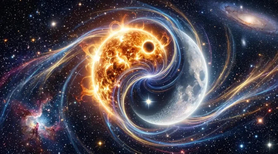 Yin Yang Sun & Moon - forming the yin yang symbol in space with flowing cosmic energy and stars.