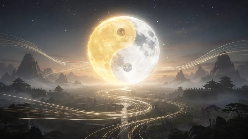 Sun and moon balanced in a yin-yang formation above an ancient landscape with flowing cosmic energy and temple silhouettes