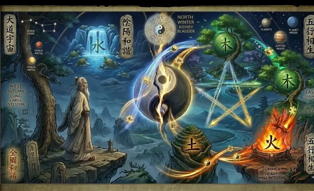 A Daoist sage reflects beneath celestial Yin Yang and Five Elements symbols.