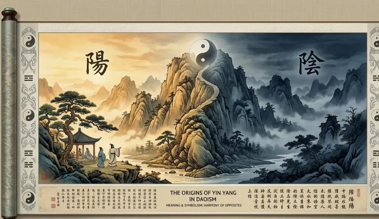 Yin Yang in Daoism - Ancient Chinese ink wash scroll showing a hillside with yang sunlit slope and yin shaded slope