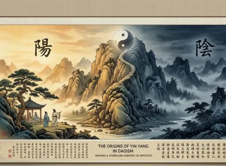 Yin Yang in Daoism - Ancient Chinese ink wash scroll showing a hillside with yang sunlit slope and yin shaded slope