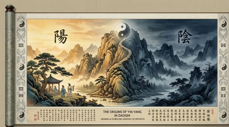 Yin Yang in Daoism - Ancient Chinese ink wash scroll showing a hillside with yang sunlit slope and yin shaded slope