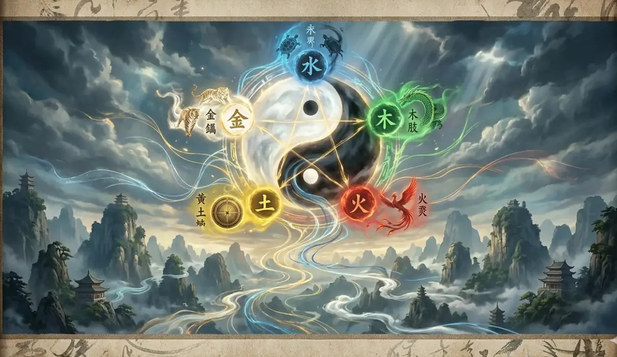 Yin Yang and the five elements wheel merge above a mystical Chinese landscape.