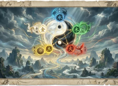 Yin Yang and the five elements wheel merge above a mystical Chinese landscape.