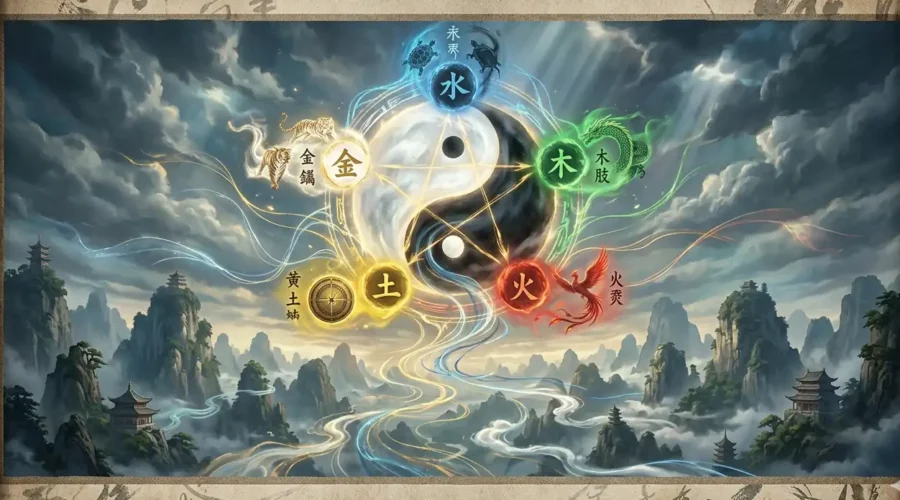 Yin Yang and the five elements wheel merge above a mystical Chinese landscape.