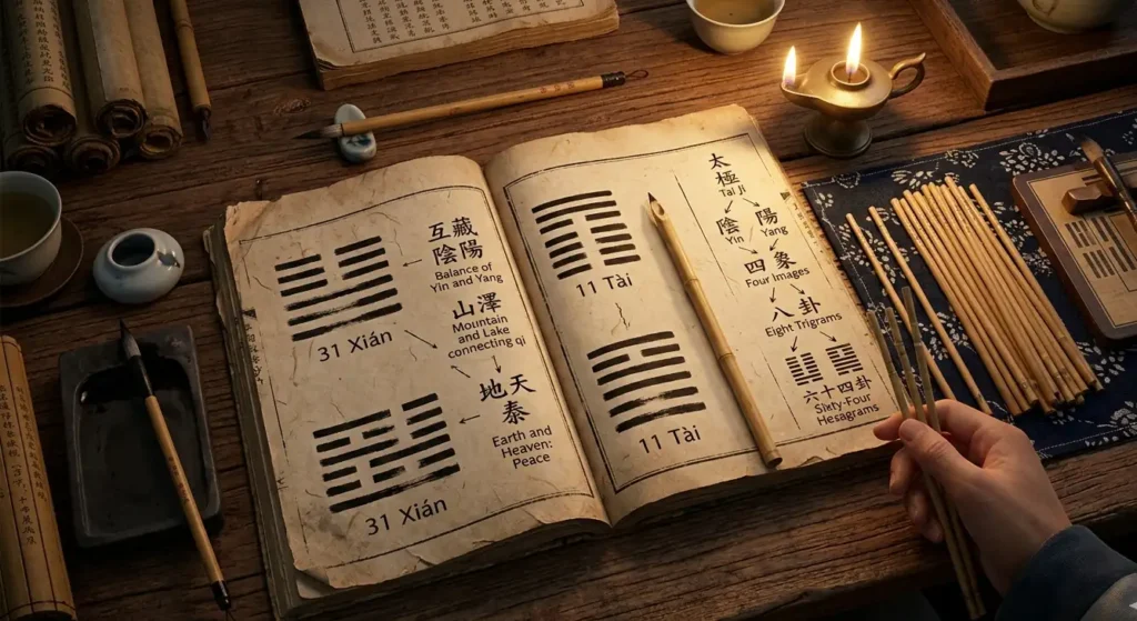Open I Ching manuscript showing hexagrams of broken yin lines and solid yang lines with scholarly annotations