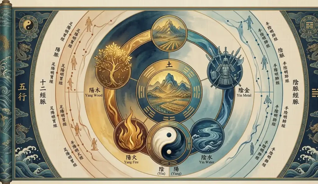five elements wheel with yin and yang classifications and the taijitu at the centre connecting to the meridian system