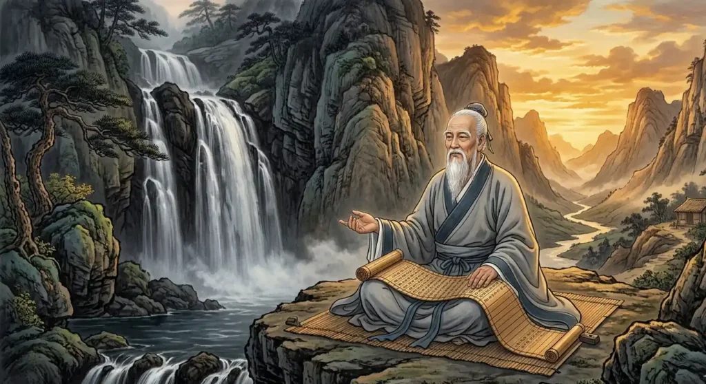 Daoist sage studying the Tao Te Ching scroll beside a waterfall at dusk with yin water and yang sky framing the scene harmoniously
