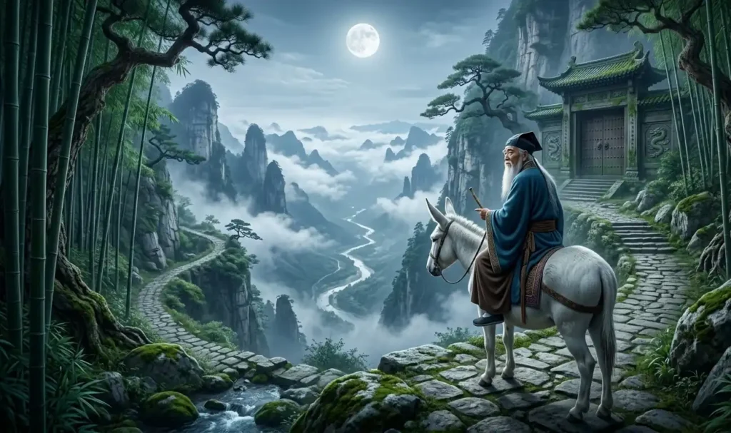 Zhang Goulao Riding on his white donkey in an ancient valley