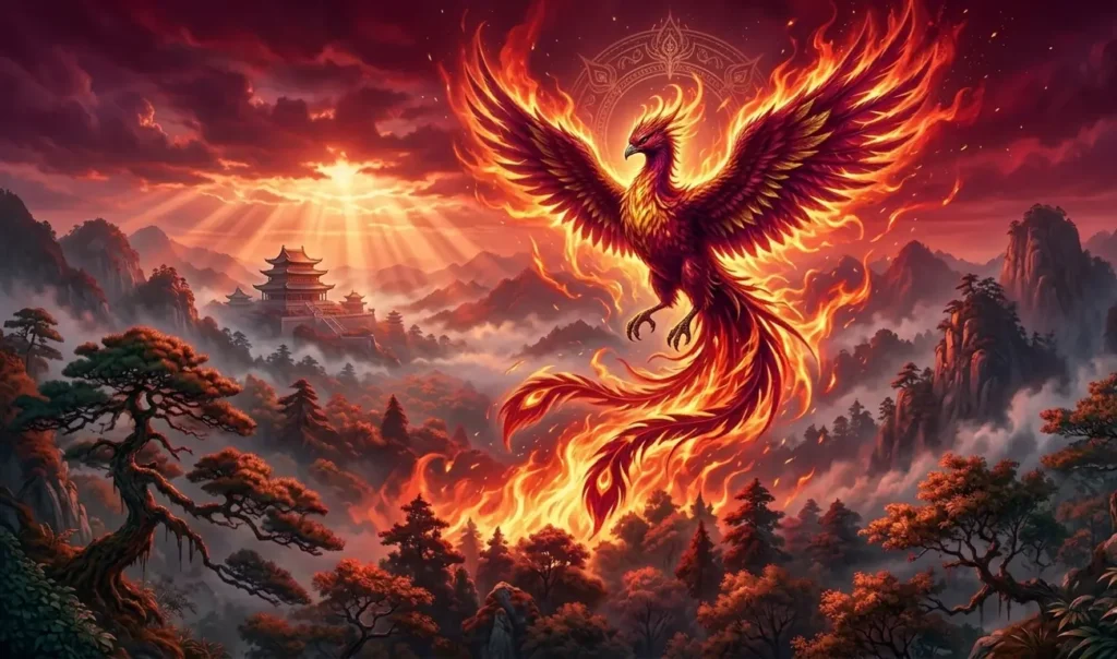 Vermilion Bird soaring through flames with glowing red feathers and fire energy.