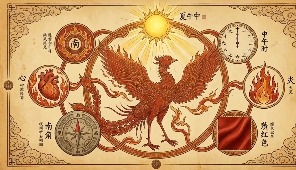 Classical Chinese decorative diagram showing Zhuque surrounded by its six attributes: south direction, summer, Fire element, vermilion color, noon, and heart