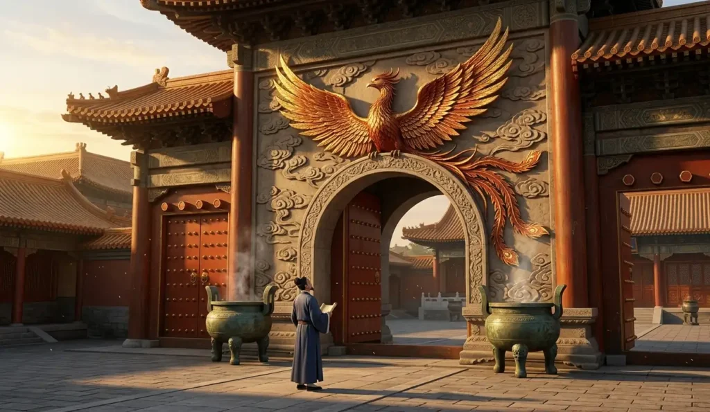 Classical Chinese palace southern gate at dawn with carved Zhuque Vermilion Bird relief above the arch in protective guardian