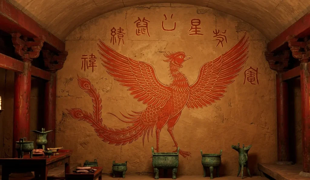Han Dynasty tomb mural style painting of Zhuque the Chinese Vermilion Bird facing south in protective guardian posture with lunar mansion symbols