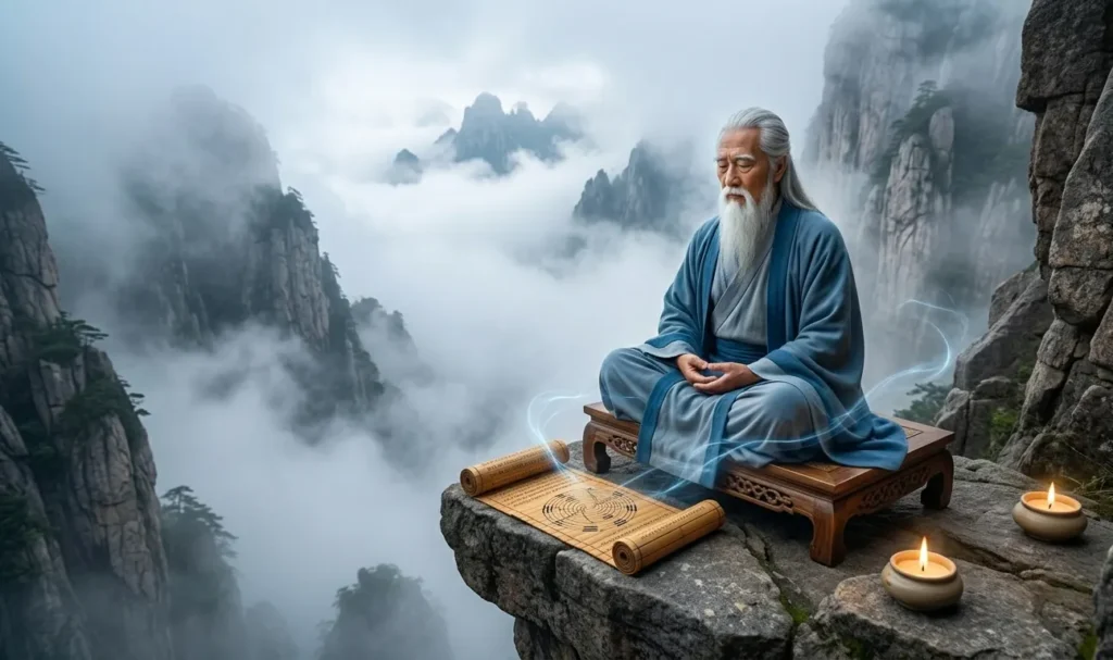 Daoist sage studying the Tao Te Ching and Zhuangzi texts.