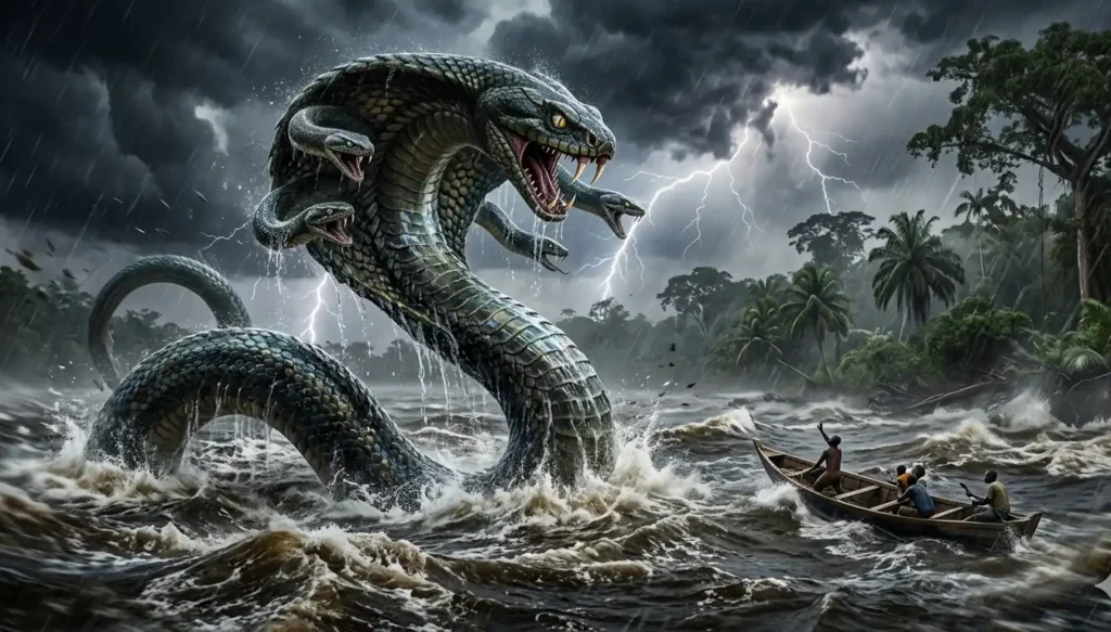 Serpent spirit rising from the river in a stormy African landscape
