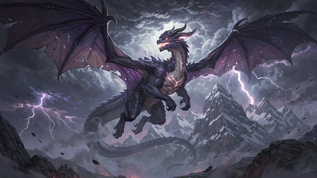 Thunder dragon emerging from storm clouds over valley