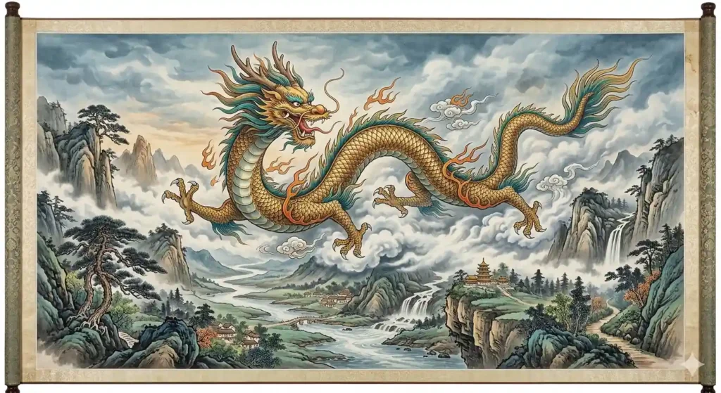 Chinese dragon flying above mountains and rivers in a celestial scene