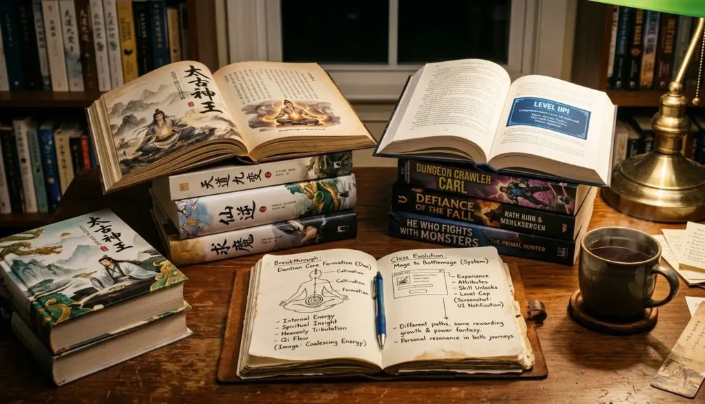 Reader's desk with cultivation novel and progression fantasy book stacks side by side