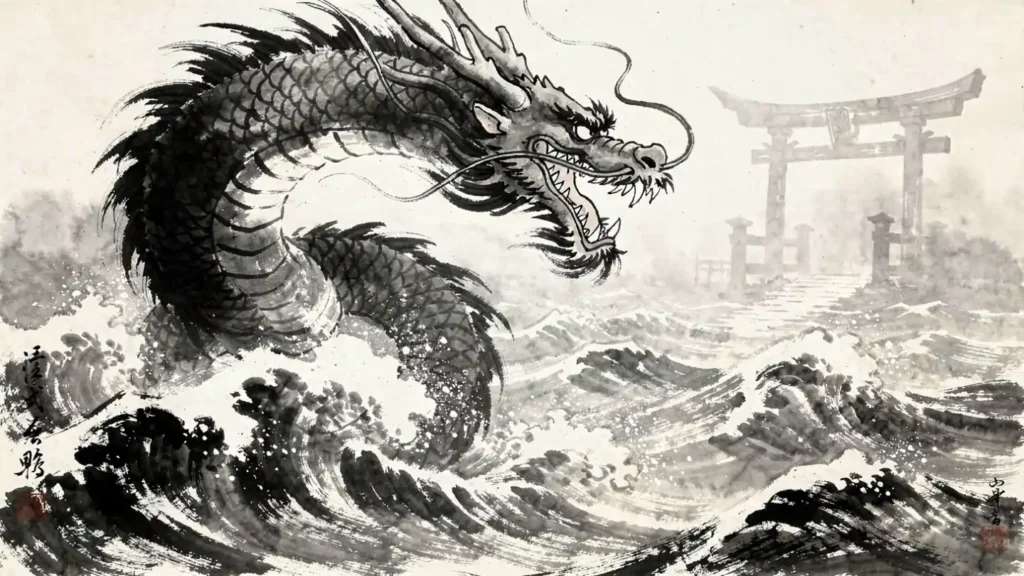 Japanese the dragon rising from ocean near coastal shrine