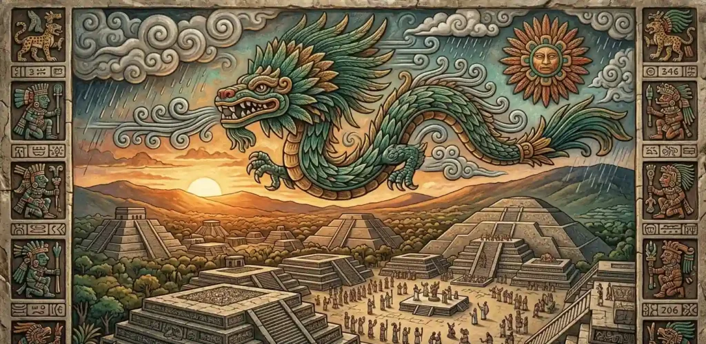 serpentine dragon flying above pyramids at sunrise