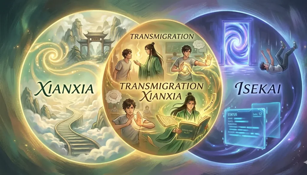 Venn diagram showing xianxia circle and isekai circle with a glowing amber overlap zone labelled transmigration xianxia containing hybrid works