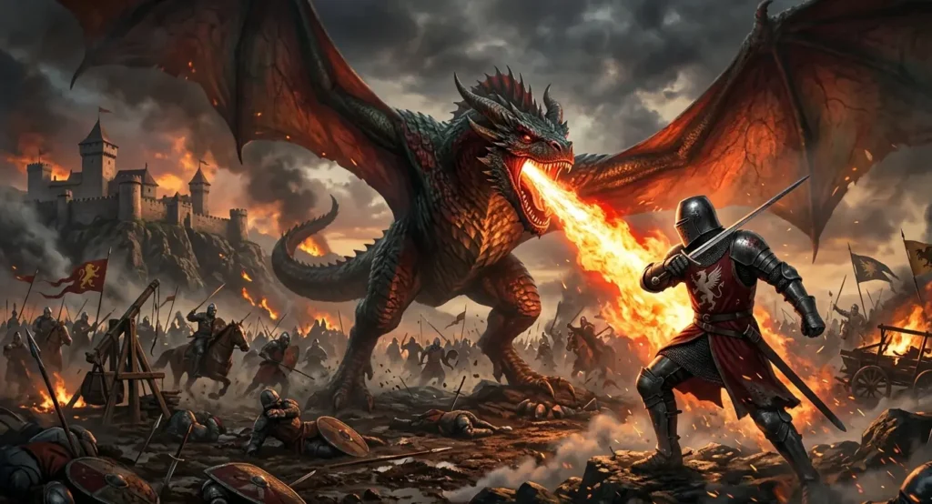 Knight battling fire-breathing dragon on medieval battlefield