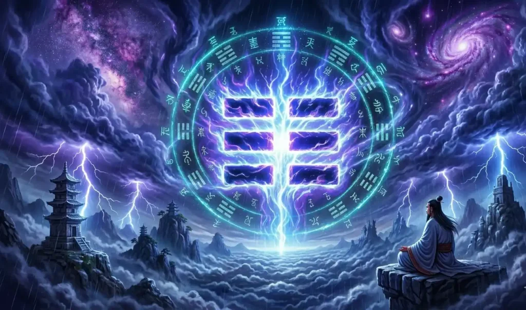 Kun trigram glowing above fertile earth and open plains.