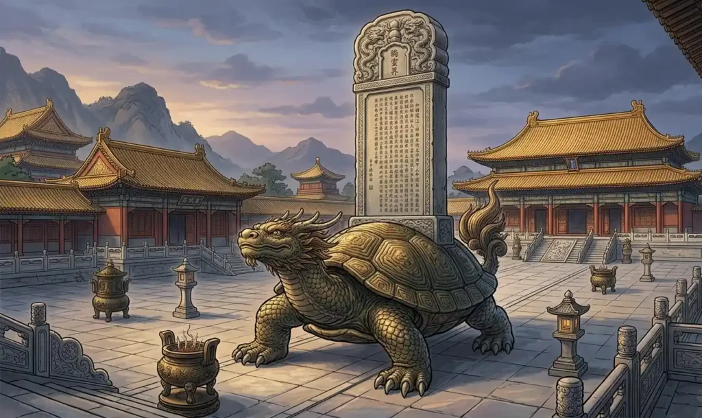 Bixi carrying a heavy stone monument on its back.