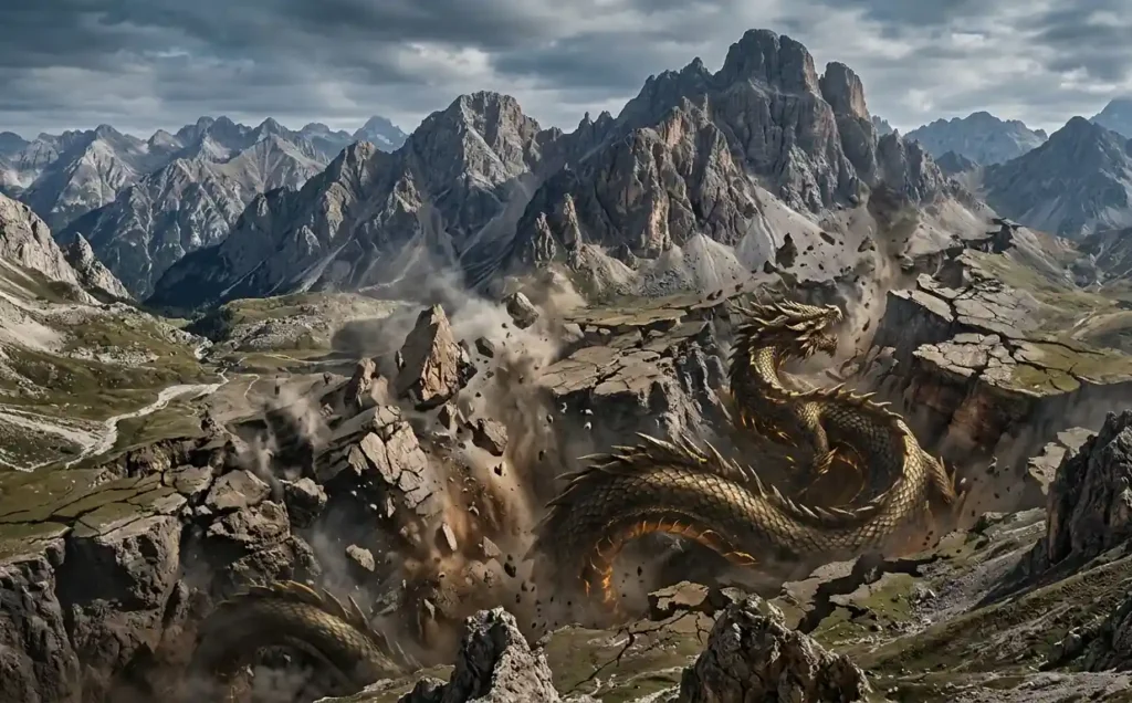 Fucanglong causing tremors beneath a mountain landscape.