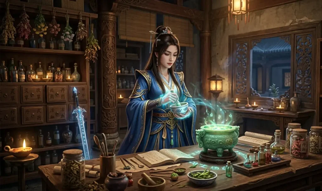Female cultivator creating remedies in a royal palace.