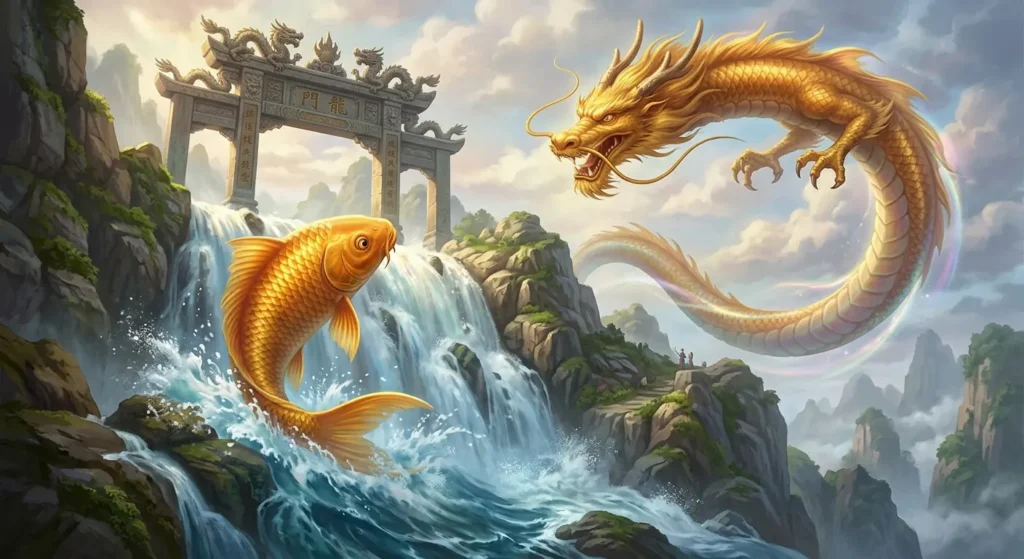 Carp transforming into a dragon after crossing the Dragon Gate.