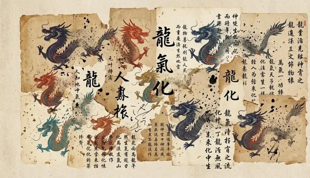 Collage of eleven Chinese dragons on parchment with ancient calligraphy background.