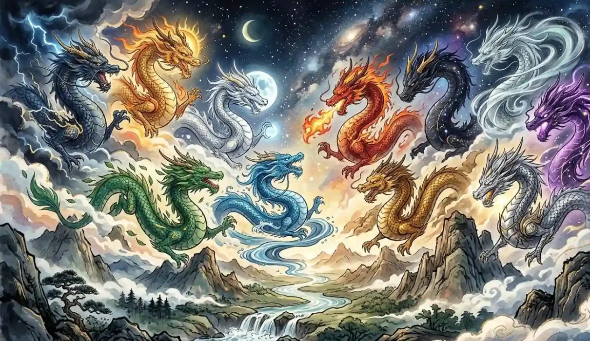 Illustration of eleven Chinese dragon types in sky, each unique, with clouds, mountains, and cosmic backdrop.