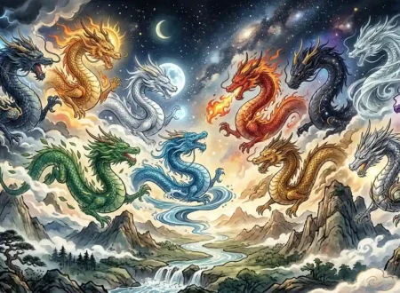 Illustration of eleven Chinese dragon types in sky, each unique, with clouds, mountains, and cosmic backdrop.