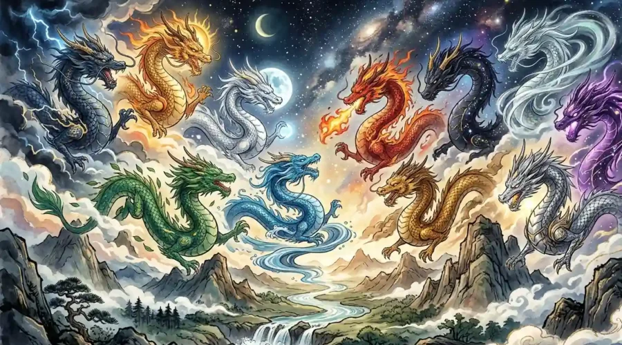 Illustration of eleven Chinese dragon types in sky, each unique, with clouds, mountains, and cosmic backdrop.