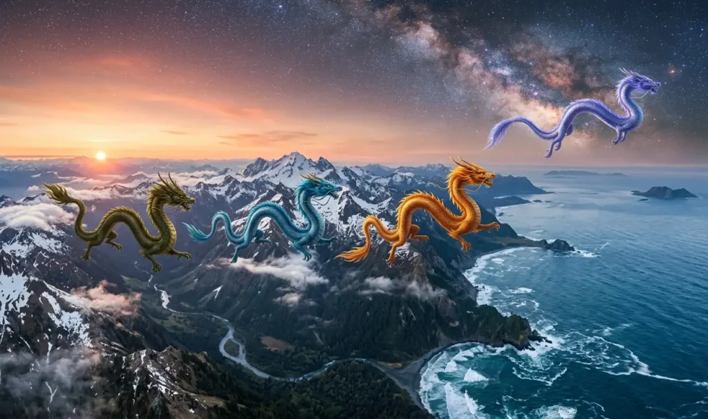 Eastern dragons flying through diverse mythological landscapes.