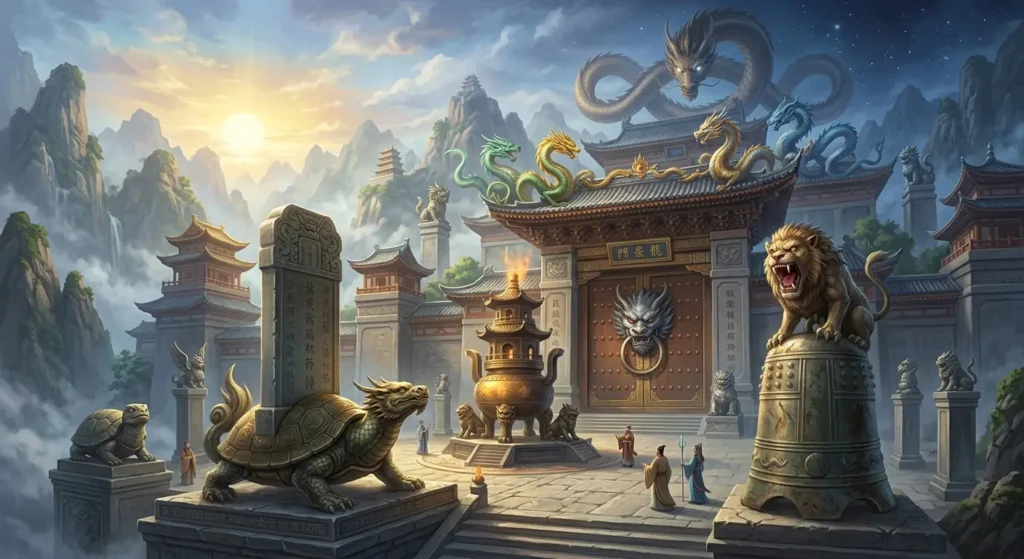 The Nine Dragon Sons displayed in traditional architecture.