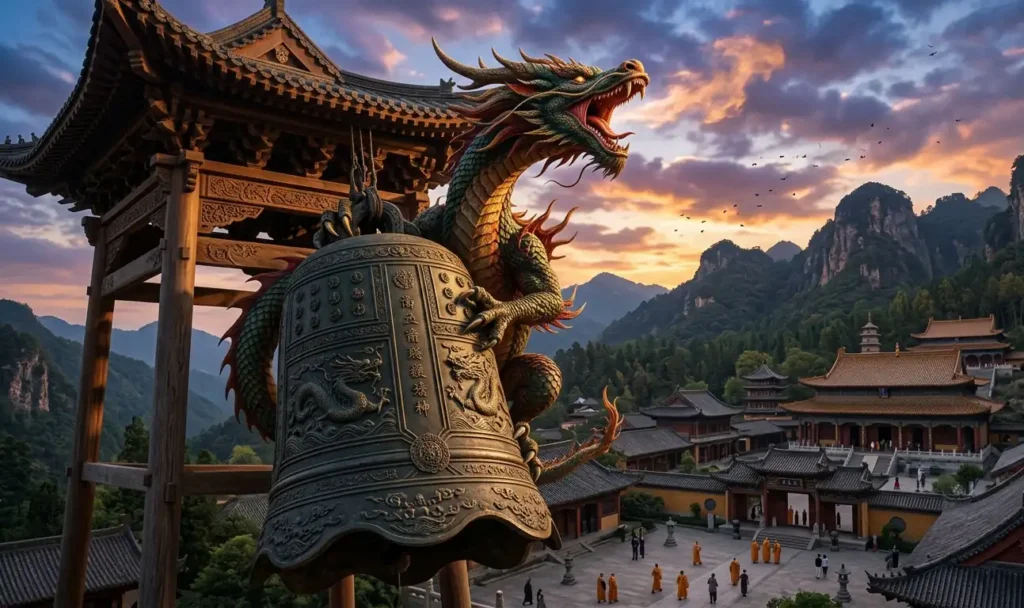 Pulao perched on a temple bell while roaring.
